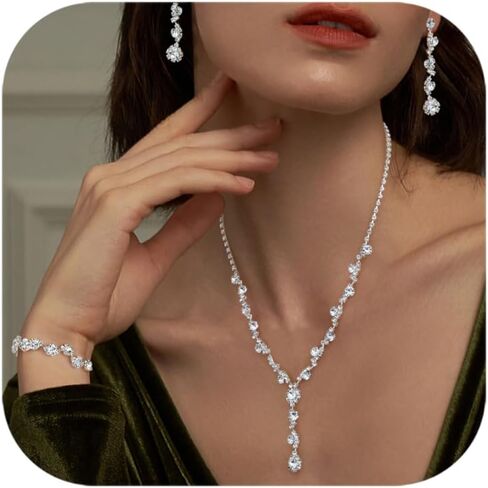 FUNRUN JEWELRY مجموعة مجوهرات فضية للنساء من حجر الراين وقلادة وأقراط مجموعات مجوهرات الزفاف للعرائس ووصيفات العروس والكريستال مجوهرات الزفاف والحفلات الراقصة in Kuwait
