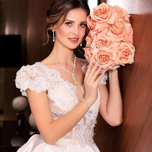 FUNRUN JEWELRY مجموعة مجوهرات فضية للنساء من حجر الراين وقلادة وأقراط مجموعات مجوهرات الزفاف للعرائس ووصيفات العروس والكريستال مجوهرات الزفاف والحفلات الراقصة in Kuwait