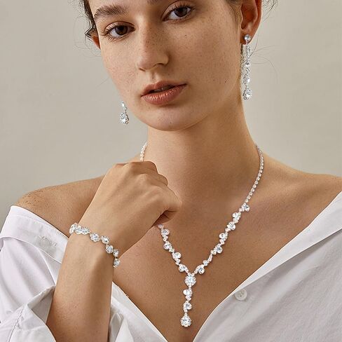 FUNRUN JEWELRY مجموعة مجوهرات فضية للنساء من حجر الراين وقلادة وأقراط مجموعات مجوهرات الزفاف للعرائس ووصيفات العروس والكريستال مجوهرات الزفاف والحفلات الراقصة in Kuwait