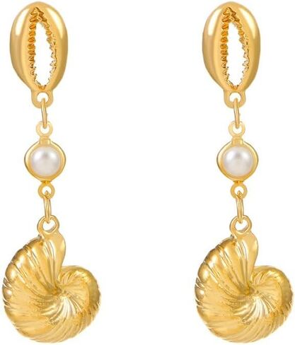 Doubnine Sea Shell Charm Cowrie Earrings Dangle Golden Mermaid Earrings Scallop Beach Retro Chic Women Girls Gift Ocean Jewelry in Saudi Arabia