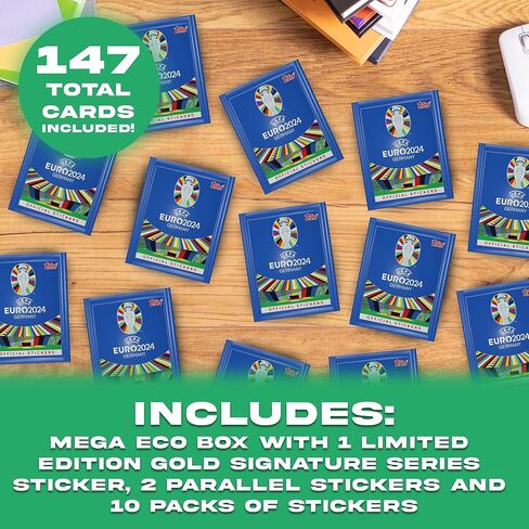 Topps Euro 2024 Soccer Sticker Bundle, Including Mega Eco Box with 1 Limited Edition Gold Signature Series & 2 Parallels + 10 Sticker Booster Packs, 147 Stickers Included in Kuwait