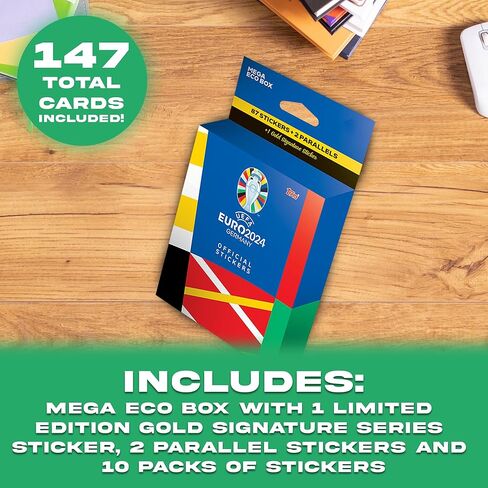 Topps Euro 2024 Soccer Sticker Bundle, Including Mega Eco Box with 1 Limited Edition Gold Signature Series & 2 Parallels + 10 Sticker Booster Packs, 147 Stickers Included in Kuwait