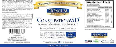 Premium Certified ConstipationMD - Promote Regularity with 500mg Senna, Psyllium Husk. Prune, and Aloe Vera - 60 Vegan Friendly Capsules - Dual-Action to Balance and Ease Symptoms in Kuwait