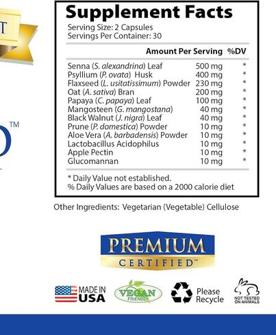 Premium Certified ConstipationMD - Promote Regularity with 500mg Senna, Psyllium Husk. Prune, and Aloe Vera - 60 Vegan Friendly Capsules - Dual-Action to Balance and Ease Symptoms in Kuwait