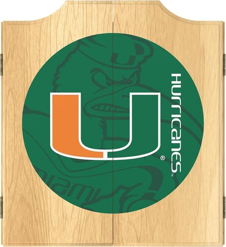 Trademark Global Dart Board Cabinet Set - University of Miami Fade Dart Board with 6 Steel Tip Darts, Scoreboard, Hanging Wood Cupboard in Saudi Arabia