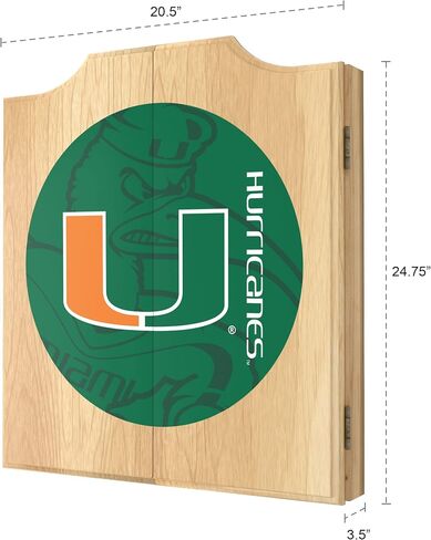 Trademark Global Dart Board Cabinet Set - University of Miami Fade Dart Board with 6 Steel Tip Darts, Scoreboard, Hanging Wood Cupboard in Saudi Arabia