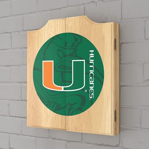 Trademark Global Dart Board Cabinet Set - University of Miami Fade Dart Board with 6 Steel Tip Darts, Scoreboard, Hanging Wood Cupboard in Saudi Arabia