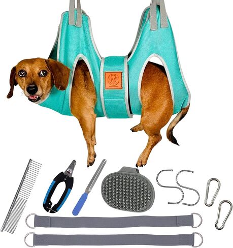 PawRanch Dog Grooming Hammock Harness for Dogs & Cats with Security Strap, Dog Sling for Grooming/Ear/Eye Care with Nail Clippers/Trimmer, Nail File, Pet Comb, Bonus Dog Wash Scrubber (X-Small) in Saudi Arabia