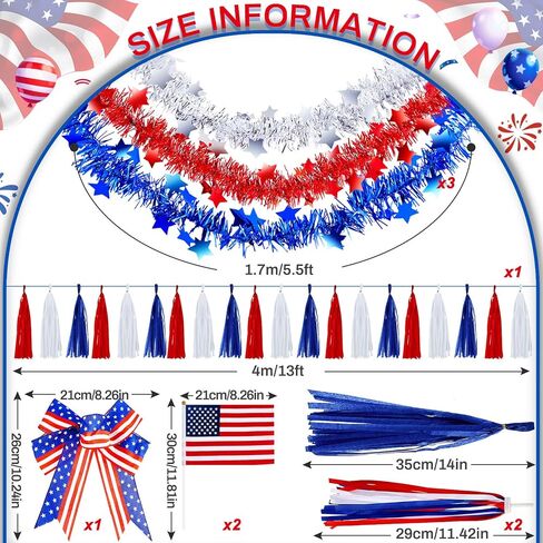 Chunyin 9 قطع ديكور الدراجة الوطنية مجموعة الرابع من يوليو دراجة الشريط غاسل سكوتر القماش شرابة القوس الوطني الأعلام الأمريكية بهرج إكليل لعيد الاستقلال الأطفال دراجة موكب حزب صالح in Kuwait