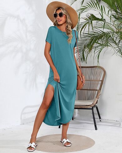 Riyiper 2 Pieces Women's Short Sleeve Maxi Dress Round Neck Casual Loose Split Long Summer Beach Shirt Dress with Pockets in Saudi Arabia