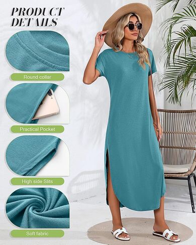 Riyiper 2 Pieces Women's Short Sleeve Maxi Dress Round Neck Casual Loose Split Long Summer Beach Shirt Dress with Pockets in Saudi Arabia