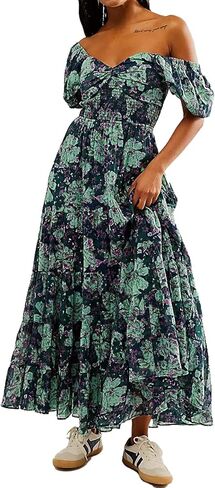ABYOVRT Women Floral Maxi Dress Short Puff Sleeve V Neck Bohemian Flowy Dress Smocked Casual Spring Summer Dresses in Saudi Arabia