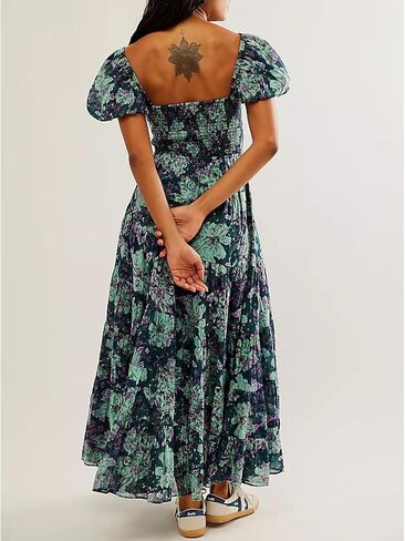 ABYOVRT Women Floral Maxi Dress Short Puff Sleeve V Neck Bohemian Flowy Dress Smocked Casual Spring Summer Dresses in Saudi Arabia