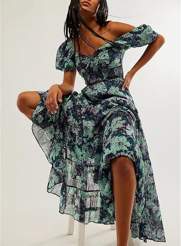 ABYOVRT Women Floral Maxi Dress Short Puff Sleeve V Neck Bohemian Flowy Dress Smocked Casual Spring Summer Dresses in Saudi Arabia