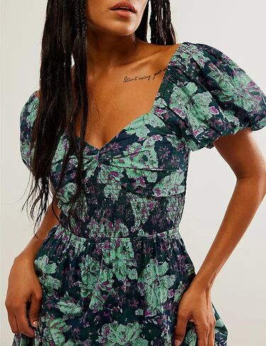 ABYOVRT Women Floral Maxi Dress Short Puff Sleeve V Neck Bohemian Flowy Dress Smocked Casual Spring Summer Dresses in Saudi Arabia