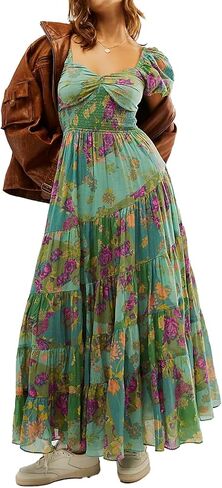ABYOVRT Women Floral Maxi Dress Short Puff Sleeve V Neck Bohemian Flowy Dress Smocked Casual Spring Summer Dresses in Saudi Arabia