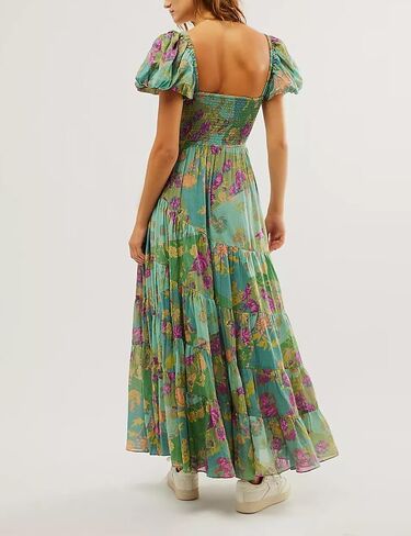 ABYOVRT Women Floral Maxi Dress Short Puff Sleeve V Neck Bohemian Flowy Dress Smocked Casual Spring Summer Dresses in Saudi Arabia