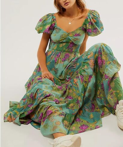 ABYOVRT Women Floral Maxi Dress Short Puff Sleeve V Neck Bohemian Flowy Dress Smocked Casual Spring Summer Dresses in Saudi Arabia