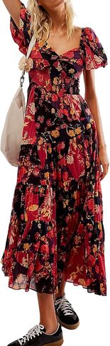 ABYOVRT Women Floral Maxi Dress Short Puff Sleeve V Neck Bohemian Flowy Dress Smocked Casual Spring Summer Dresses in Saudi Arabia