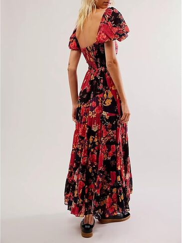 ABYOVRT Women Floral Maxi Dress Short Puff Sleeve V Neck Bohemian Flowy Dress Smocked Casual Spring Summer Dresses in Saudi Arabia