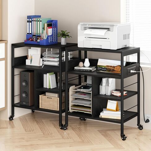 GAOMON Printer Stand, Large Printer Table with Power Outlets and USB Ports, Mobile Printer Stand, 4 Tier Rolling Printer Cart with Wheels for Desktop CPU, Home Office Living Room, Rustic Black in Saudi Arabia