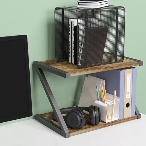 Rustic Wood Desktop Printer Stand- Home Printer Stands Table Top, 2 Tier Vintage Printer Table Desk Space Organizer for Office Fax Machine, Scanner, Files, Books with Adjustable Anti-Skid Feet in Saudi Arabia