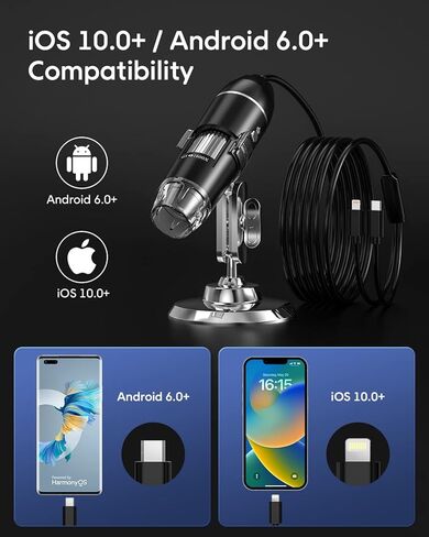 مجهر رقمي USB، مجهر رقمي محمول بتكبير GinoCaco 50X-1000X متوافق مع أجهزة iOS وAndroid، حامل قابل للتعديل، 8 مصابيح LED، كاميرا مجهر محمولة للبالغين والأطفال in Saudi Arabia