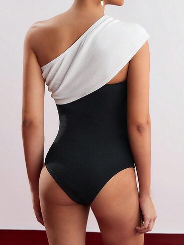 Floerns Women's One Shoulder Colorblock Ruched Sleeveless Bodysuit Jumpsuit in Saudi Arabia