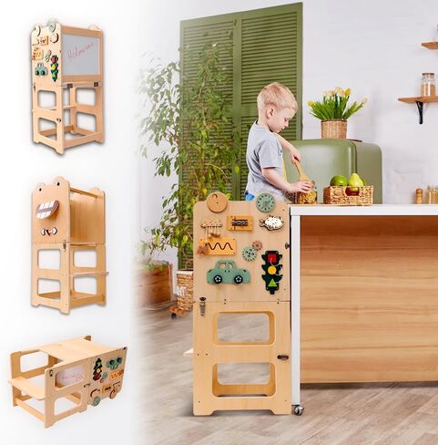bedmoimo Kids Kitchen Step Stool للأطفال مع السكك الحديدية الآمنة، البناء الخشب الصلب طفل التعلم برج البراز، مونتيسوري الأطفال الصغار مطبخ البراز in Kuwait