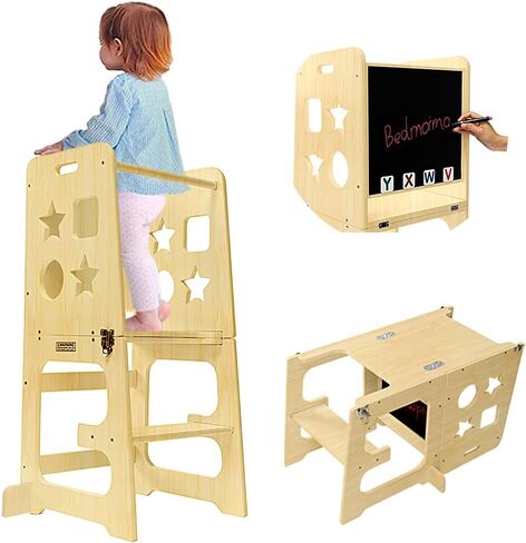 bedmoimo Kids Kitchen Step Stool للأطفال مع حاجز أمان، بناء من الخشب الصلب، برج مقعد تعلم الأطفال الصغار، مقعد مطبخ للأطفال الصغار من مونتيسوري، طبيعي in Kuwait