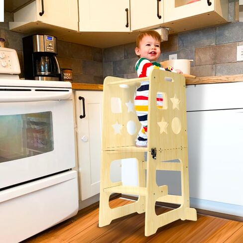 bedmoimo Kids Kitchen Step Stool للأطفال مع حاجز أمان، بناء من الخشب الصلب، برج مقعد تعلم الأطفال الصغار، مقعد مطبخ للأطفال الصغار من مونتيسوري، طبيعي in Kuwait