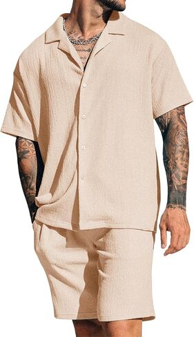 طقم قمصان وشورتات رجالية مكونة من قطعتين بأكمام قصيرة وأزرار سفلية، قميص كوبي صيفي للشاطئ in Kuwait