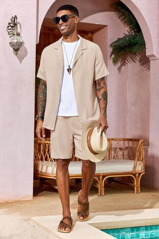 طقم قمصان وشورتات رجالية مكونة من قطعتين بأكمام قصيرة وأزرار سفلية، قميص كوبي صيفي للشاطئ in Kuwait