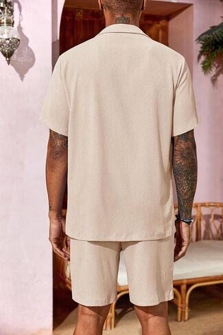 طقم قمصان وشورتات رجالية مكونة من قطعتين بأكمام قصيرة وأزرار سفلية، قميص كوبي صيفي للشاطئ in Kuwait