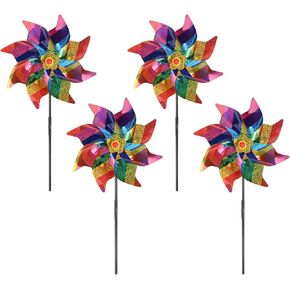 4-Pack Flower Wind Spinner Sparkly Lawn Pinwheels, 20 Inch Plastic Reflective Pinwheels for Party Decorations/Yard/Garden, Colorful Rainbow Garden Windmill [Green, Rose Red] in Saudi Arabia