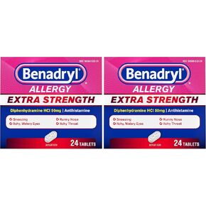 Benadryl Extra Strength Antihistamine Allergy Relief Medicine, 50 mg Diphenhydramine HCl Tablets for Relief of Allergy Symptoms Due to Hay Fever or Other Upper Respiratory Allergies, 24 ct in Kuwait