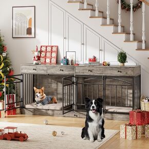 أثاث قفص للكلاب من GarveeHome لكلبين، بيت للكلاب داخلي مع 4 أدراج تخزين وأوعية تغذية، حامل تلفزيون مزدوج للكلاب المتوسطة الصغيرة، رمادي in Kuwait