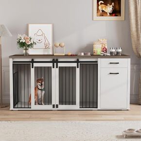 Large Dog Crate Furniture Large Breed,71 Inch Wooden Dog Crate with Tilt Out Trash Cabinet,Drawers,Divider and Sliding Barn Door, Double Doors Dogs Crate for 2 Dogs (White) in Saudi Arabia