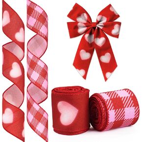 Valentine's Day Ribbon for Wreath Bow Wrapping Gifts, Plaid Red Hearts Patterned Ribbon 2.5" X 10 Yard Wired in Saudi Arabia