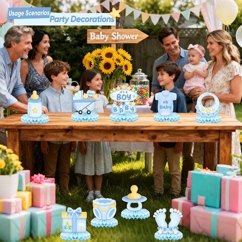 9 قطع ديكورات استحمام الطفل قطع مركزية على شكل قرص العسل للأولاد، نمط لطيف إنه صبي يكشف عن الجنس قطعة مركزية للطاولة، مستلزمات الحفلات التي تكشف عن الجنس (أزرق) in Kuwait
