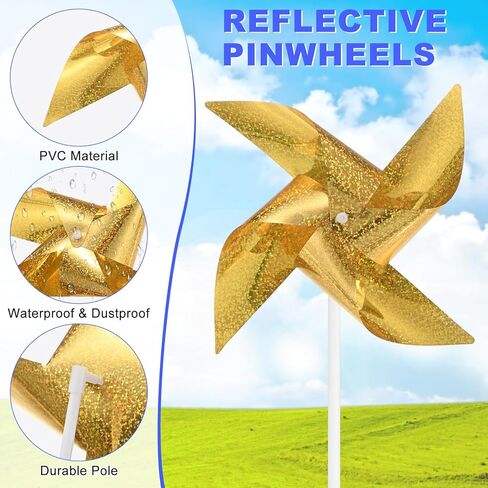 30-Pack Wind Spinner Sparkly Lawn Pinwheels, 16 Inch Plastic Reflective Pinwheels for Party Decorations/Yard/Garden, Colorful Rainbow Garden Windmill [Gold Tone] in Kuwait