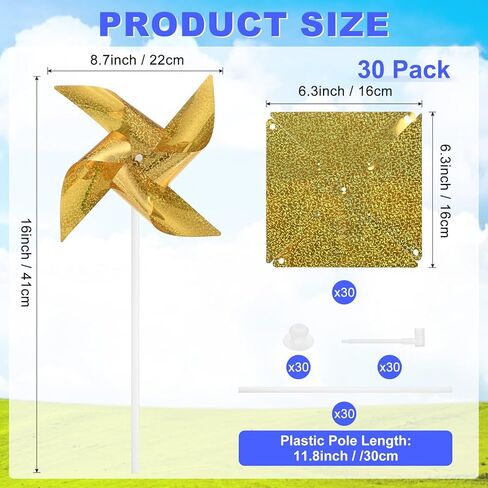 30-Pack Wind Spinner Sparkly Lawn Pinwheels, 16 Inch Plastic Reflective Pinwheels for Party Decorations/Yard/Garden, Colorful Rainbow Garden Windmill [Gold Tone] in Kuwait