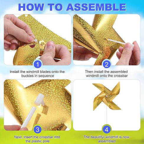 30-Pack Wind Spinner Sparkly Lawn Pinwheels, 16 Inch Plastic Reflective Pinwheels for Party Decorations/Yard/Garden, Colorful Rainbow Garden Windmill [Gold Tone] in Kuwait