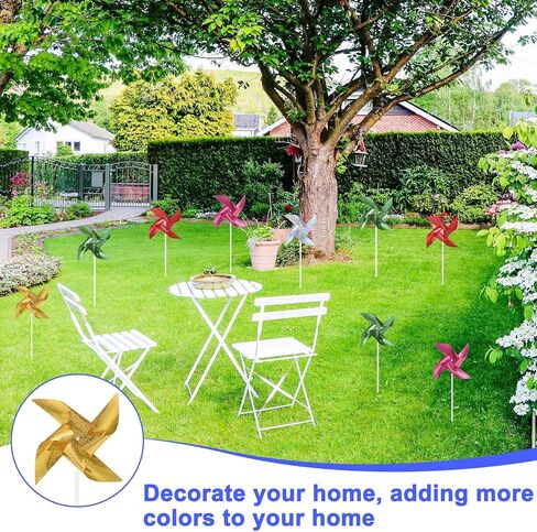 30-Pack Wind Spinner Sparkly Lawn Pinwheels, 16 Inch Plastic Reflective Pinwheels for Party Decorations/Yard/Garden, Colorful Rainbow Garden Windmill [Gold Tone] in Kuwait