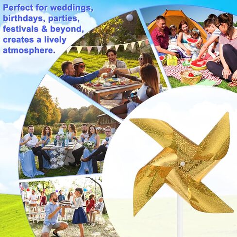 30-Pack Wind Spinner Sparkly Lawn Pinwheels, 16 Inch Plastic Reflective Pinwheels for Party Decorations/Yard/Garden, Colorful Rainbow Garden Windmill [Gold Tone] in Kuwait