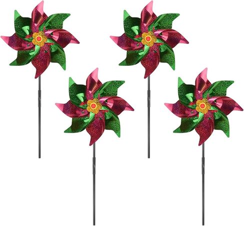 4 قطع من دواليب الرياح الزهرية اللامعة في الحديقة، دواليب بلاستيكية عاكسة مقاس 20 بوصة لديكورات الحفلات/الفناء/الحديقة، طاحونة هواء حديقة قوس قزح ملونة [أخضر، أحمر وردي] in Saudi Arabia