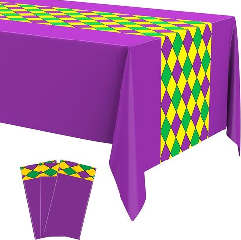 Cholemy 3 Pcs Mardi Gras Tablecloth 54 x 108 Inch Mardi Gras Carnival Party Decorations Plastic Disposable Table Cover Masquerade Dancing Party Kitchen Supplies and Decor (Purple) in Saudi Arabia