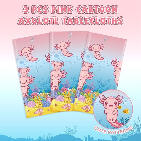 chiazllta 3Pcs Axolotl Party Birthday Decoration Pink Cartoon Axolotl Tablecloth Plastic Reptile Animal Tablecover Waterproof Rectangle Table Cover for Axolotl Baby Shower Party Supplies108 x 54in in Saudi Arabia