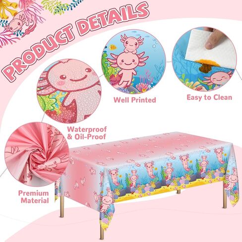chiazllta 3Pcs Axolotl Party Birthday Decoration Pink Cartoon Axolotl Tablecloth Plastic Reptile Animal Tablecover Waterproof Rectangle Table Cover for Axolotl Baby Shower Party Supplies108 x 54in in Saudi Arabia