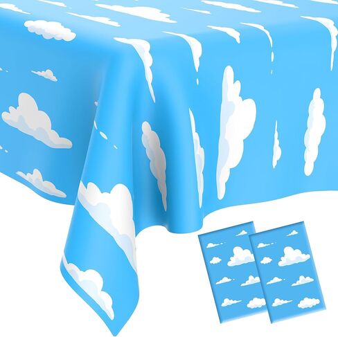 Blue Sky White Clouds Tablecloth, 2 PCS Disposable Cartoon Clouds Plastic Table Cloth Table Cover for Boys Girls Baby Showers Cartoon Story Birthday Party Supplies, Sky Themed Decorations, 54" x108" in Saudi Arabia